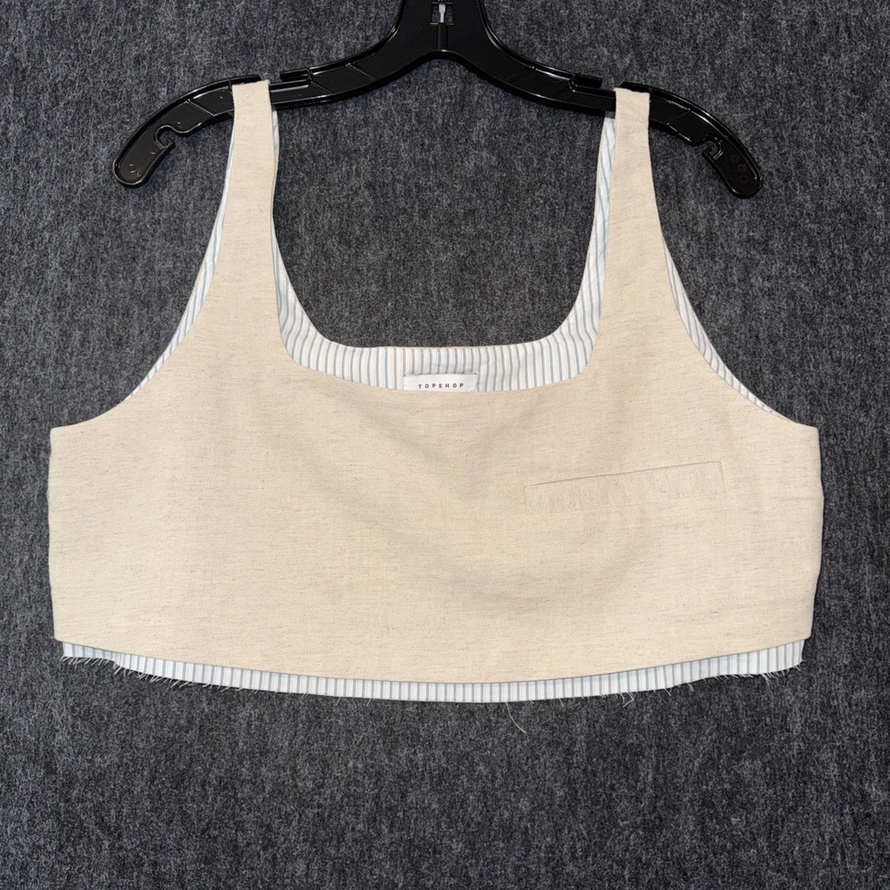 Topshop Cropped Tank Top Womens Sz 12 Beige Square Neck Minimalist Raw Hem NWOT